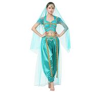IWEMEK Femmes Aladdin Costume Adulte Arabe Jasmin Princesse Déguisement Ensemble de Vêtements Hauts et Pantalons avec Coiffe Conte de fées Halloween Carnaval Costumes Tenues de fête Bleu M