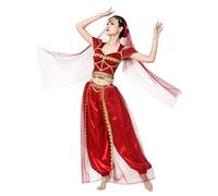 IWEMEK Femmes Aladdin Costume Adulte Arabe Jasmin Princesse Déguisement Ensemble de Vêtements Hauts et Pantalons avec Coiffe Conte de fées Halloween Carnaval Costumes Tenues de fête Rouge L