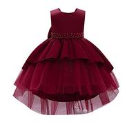 IWEMEK Fille De Fleur sans Manches Hi-lo Plissé Satin Tulle Bowknot Robe De Princesse Demoiselle d'honneur Robes De Mariée Communion Fête d'anniversaire Soirée Robe De Bal Vin Rouge 3-4 Ans