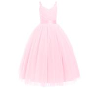 IWEMEK Fille Robe de Mariage Longue Robe de Demoiselle d'honneur Tutu Princesse en Spaghetti sans Manches Baptême fête Anniversaire Soirée Cocktail pour Enfants 6-14 Ans Rose c 120