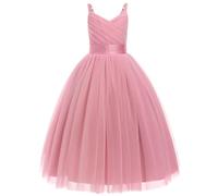 IWEMEK Fille Robe de Mariage Longue Robe de Demoiselle d'honneur Tutu Princesse en Spaghetti sans Manches Baptême fête Anniversaire Soirée Cocktail pour Enfants 6-14 Ans Rose b 160
