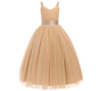 IWEMEK Fille Robe de Mariage Longue Robe de Demoiselle d'honneur Tutu Princesse en Spaghetti sans Manches Baptme fte Anniversaire Soire Cocktail pour Enfants 6-14 Ans Champagne 150