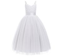 IWEMEK Fille Robe de Mariage Longue Robe de Demoiselle d'honneur Tutu Princesse en Spaghetti sans Manches Baptme fte Anniversaire Soire Cocktail pour Enfants 6-14 Ans Blanc a 150