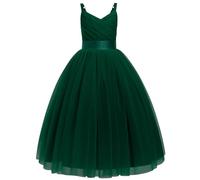 IWEMEK Fille Robe de Mariage Longue Robe de Demoiselle d'honneur Tutu Princesse en Spaghetti sans Manches Baptême fête Anniversaire Soirée Cocktail pour Enfants 6-14 Ans Vert foncé 140