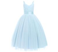 IWEMEK Fille Robe de Mariage Longue Robe de Demoiselle d'honneur Tutu Princesse en Spaghetti sans Manches Baptême fête Anniversaire Soirée Cocktail pour Enfants 6-14 Ans Bleu a 160