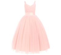 IWEMEK Fille Robe de Mariage Longue Robe de Demoiselle d'honneur Tutu Princesse en Spaghetti sans Manches Baptême fête Anniversaire Soirée Cocktail pour Enfants 6-14 Ans Rose a 140