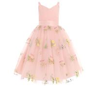 IWEMEK Fille Robe de Mariage Longue Robe de Demoiselle d'honneur Tutu Princesse en Spaghetti sans Manches Baptême fête Anniversaire Soirée Cocktail pour Enfants 6-14 Ans Rose d 150