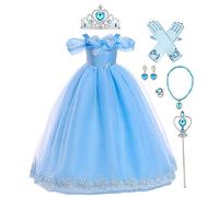 IWEMEK Filles Cendrillon Costume Cinderella Robe de Princesse + Accessoires Conte De Fées Halloween Carnaval Costumes Noël Anniversaire Fête Enfants Déguisements Bleu Épaule Dénudée Set 9-10 Ans