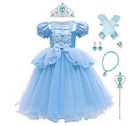IWEMEK Filles Cendrillon Costume Princesse Robe Longue en Tulle + Accessoires Ensemble Conte De Fées Cosplay Halloween Carnaval Costume Noël Anniversaire Fête Enfants Déguisements Bleu Set 4-5 Ans