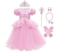 IWEMEK Filles Cendrillon Costume Princesse Robe Longue en Tulle + Accessoires Ensemble Conte De Fées Cosplay Halloween Carnaval Costume Noël Anniversaire Fête Enfants Déguisements Rose Set 7-8 Ans