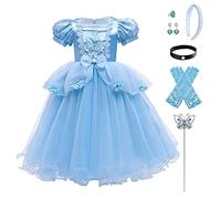 IWEMEK Filles Costume de Cendrillon Robe de Princesse Cinderella + Accessoires Conte De Fées Halloween Carnaval Costumes Noël Anniversaire Fête Enfants Déguisements Bleu Fleur Set 7-8 Ans