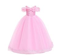 IWEMEK Filles Costume de Cendrillon Robe de Princesse Cinderella Longue en Tulle Conte De Fées Halloween Carnaval Costumes Noël Anniversaire Fête Enfants Déguisements Rose Épaule Dénudée 5-6 Ans