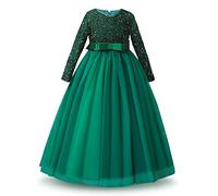 IWEMEK Filles de Fleurs Robe Tulle Paillettes à Manches Longues Bowknot Robe Longue de Demoiselle d’Honneur Mariage Enfants Première Communion Cérémonie Robe de Soirée Bal Vert 8-9 Ans