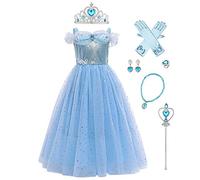 IWEMEK Filles Déguisement Cendrillon Robe de Princesse sans Manches + Accessoires Conte De Fées Cosplay Halloween Carnaval Costumes Noël Anniversaire Fête Enfants Costumes Bleu Brillant Set 4-5 Ans