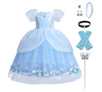 IWEMEK Filles Déguisement de Cendrillon Costume Cinderella Princesse Robes + Accessoires Conte De Fées Halloween Carnaval Costumes Noël Anniversaire Fête Enfants Déguisements Bleu Chariot Set 2-3 Ans