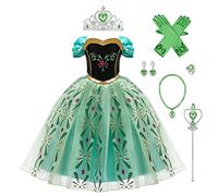 IWEMEK Filles Déguisements Princesse Anna Robe + Accessoires Reine des Neige 2 Costume de Carnaval Halloween Noël Robes de fête Soirée Cérémonie Habillée Anniversaire Vêtements Vert Set 2-3 Ans