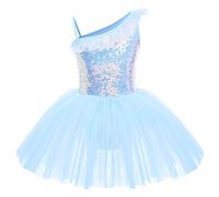 IWEMEK Filles Paillettes Justaucorps Tutu Robe de Ballet Sans Manches à Volants Une épaule Gymnastique Yoga une pièce Enfants Dancewear Patinage Ballerine Costume #A: Bleu 5-6 ans