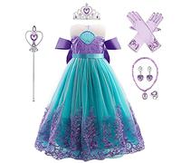 IWEMEK Filles Petite Sirène Ariel Costume Conte De Poisson Princesse Robe avec Accessoires Enfants Contes de Fées Halloween Carnaval Déguisements Tenues Robes de fête Violet Noeud Set 3-4 Ans