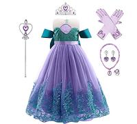 IWEMEK Filles Petite Sirène Ariel Costume Conte De Poisson Princesse Robe avec Accessoires Enfants Contes de Fées Halloween Carnaval Déguisements Tenues Robes de fête Vert Noeud Set 7-8 Ans