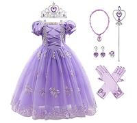 IWEMEK Filles Raiponce Costume Princesse Robe Longue en Tulle + Accessoires Ensemble Conte De Fées Cosplay Halloween Carnaval Costume Noël Anniversaire Fête Enfants Déguisements Violet Set 4-5 Ans