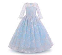 IWEMEK Fleur Filles 3/4 Manches Brodé Floral Tulle Maxi Longue Princesse Robe de Mariage Honneur Première Communion Robe de Soirée Anniversaire Fête Robe de Bal Habillée Enfants Bleu Clair 9-10 Ans