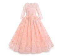 IWEMEK Fleur Filles 3/4 Manches Brodé Floral Tulle Maxi Longue Princesse Robe de Mariage Honneur Première Communion Robe de Soirée Anniversaire Fête Robe de Bal Habillée Enfants Rose 7-8 Ans