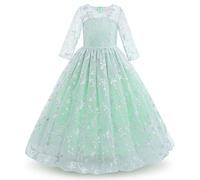 IWEMEK Fleur Filles 3/4 Manches Brodé Floral Tulle Maxi Longue Princesse Robe de Mariage Honneur Première Communion Robe de Soirée Anniversaire Fête Robe de Bal Habillée Enfants Vert 9-10 Ans