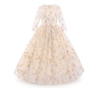 IWEMEK Fleur Filles 3/4 Manches Brodé Floral Tulle Maxi Longue Princesse Robe de Mariage Honneur Première Communion Robe de Soirée Anniversaire Fête Robe de Bal Habillée Enfants Beige 9-10 Ans