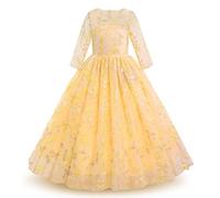IWEMEK Fleur Filles 3/4 Manches Brodé Floral Tulle Maxi Longue Princesse Robe de Mariage Honneur Première Communion Robe de Soirée Anniversaire Fête Robe de Bal Habillée Enfants Jaune 7-8 Ans