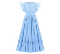 IWEMEK Fleur Filles Manches À Volants Robe de Soirée en Mousseline De Soie Longue Communion Demoiselle d'honneur Mariage Fête Anniversaire Enfants Cérémonie Danse Robe De Bal #A: Bleu Clair 5-6 Ans