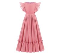 IWEMEK Fleur Filles Manches À Volants Robe de Soirée en Mousseline De Soie Longue Communion Demoiselle d'honneur Mariage Fête Anniversaire Enfants Cérémonie Danse Robe De Bal #A: Rose foncé 9-10 Ans