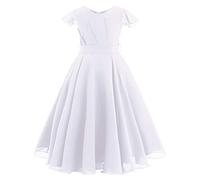 IWEMEK Fleur Filles Manches À Volants Ruché en Mousseline De Soie Longue Robe De Mariage Demoiselle d'honneur Princesse Fête Anniversaire Communion Enfants Robe De Soirée Bal Danse Blanc 11-12 Ans