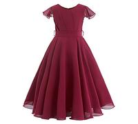 IWEMEK Fleur Filles Manches À Volants Ruché en Mousseline De Soie Longue Robe De Mariage Demoiselle d'honneur Princesse Fête Anniversaire Communion Robe De Soirée Bal Danse Vin Rouge 13-14 Ans