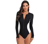 IWEMEK Maillot de Bain Femme 1 Pieces Manches Longues Rashguard avec Fermeture éclair Bloc de Couleur Anti UV Combinaison de Surf Scaphandre Sports Maillots Une pièce Blanc M