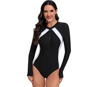 IWEMEK Maillot de Bain Femme 1 Pieces Manches Longues Rashguard avec Fermeture éclair Bloc de Couleur Anti UV Combinaison de Surf Scaphandre Sports Maillots Une pièce Blanc Cross M