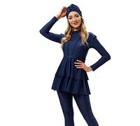 IWEMEK Maillots de Bain Musulman Femme Burkini Maillot Islamique 3 Pieces Ensemble Hauts Manches Longues Pantalons Hijab Voilée Couverture Complète Modeste Tenue de Plage Grande Taille #Bleu XXL