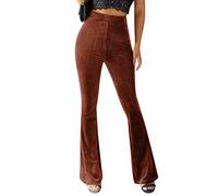 IWEMEK Pantalon Taille Haute Femme Velours à Jambe Évasée Coupe Bootcut Pantalon de Yoga Extensible Longue Palazzo Bas en Cloche Ceinture Élastique Décontracté Casual Chic Couleur Unie Marron L