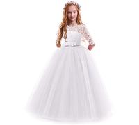 IWEMEK Robe à manches 3/4 en tulle et dentelle florale pour première communion, concours de beauté, princesse, anniversaire, carnaval, Noël, demoiselle d'honneur, mariage, bal de fin d'année, 2 à 14