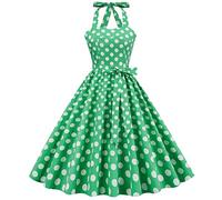 IWEMEK Robe Année 1950 Femme Vintage 50 60 Pin Up Audrey Rockabilly Swing Col Licou Dos Nu Trapèze au Genou Robes Cocktail sans Manche Soirée Fête Mariage Cérémonie #B: Vert Grand Pois L