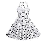 IWEMEK Robe Année 50 Fille Vintage à Pois sans Manches Halter Rockabilly Robe Filles de Fleurs Demoiselle d'honneur Fête de Mariage Anniversaire Communion Soirée Robes de Fête Blanc 8-9 Ans