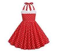 IWEMEK Robe Année 50 Fille Vintage à Pois sans Manches Halter Rockabilly Robe Filles de Fleurs Demoiselle d'honneur Fête de Mariage Anniversaire Communion Soirée Robes de Fête Rouge 7-8 Ans