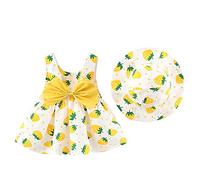 IWEMEK Robe Bébé Enfant Fille été Fleur Imprimé Costume Princesse Nœud Papillon Ensemble Trapèze sans Manches + Chapeau de Paille Décontractée Plage Vacances Loisir #Fraise Jaune 6-12 Mois