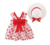 IWEMEK Robe Bébé Enfant Fille été Fleur Imprimé Costume Princesse Nœud Papillon Ensemble Trapèze sans Manches + Chapeau de Paille Décontractée Cérémonie Plage Vacances Fête #Fleur Rouge 12-18 Mois