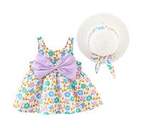 IWEMEK Robe Bébé Enfant Fille été Fleur Imprimé Costume Princesse Nœud Papillon Ensemble Trapèze sans Manches + Chapeau de Paille Décontractée Cérémonie Plage Vacances Fête #Floral Violet 12-18 Mois