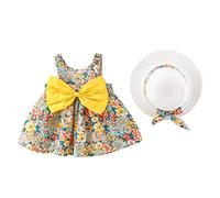 IWEMEK Robe Bébé Enfant Fille été Fleur Imprimé Costume Princesse Nœud Papillon Ensemble Trapèze sans Manches + Chapeau de Paille Décontractée Ceremonie Plage Vacances Loisir Fête Coloré 9-12 Mois