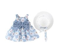 IWEMEK Robe Bébé Enfant Fille été Fleur Imprimé Costume Princesse Nœud Papillon Ensemble Trapèze sans Manches + Chapeau de Paille Décontractée Plage Vacances Loisir #Fleur Bleu 18-24 Mois
