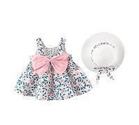 IWEMEK Robe Bébé Enfant Fille été Fleur Imprimé Costume Princesse Nœud Papillon Ensemble Trapèze sans Manches + Chapeau de Paille Décontractée Plage Vacances Loisir #Floral Rose 12-18 Mois