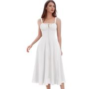 IWEMEK Robe Corset Femme d'été, Robe Longue Boho Chic à Bretelles Réglables - Imprimé Fleuri, Dos Nu, Taille Cintrée, Manche-Épaulette, Longueur Mi-Mollet pour Vacances, Plage, Mariage Blanc XS