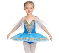 IWEMEK Robe de Ballet Fille Tenue Danse Classique avec Tutu Tulle Plateau Lac des Cygnes Justaucorps Broderies Perles Enfant Ballerina Princesse Costume Danseuse Manches à Volants Bleu 9-10 Ans