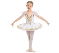 IWEMEK Robe de Ballet Fille Tenue Danse Classique avec Tutu Tulle Plateau Lac des Cygnes Justaucorps Broderies Perles Enfant Ballerina Princesse Costume Danseuse Manches Volants Blanc 13-14 Ans